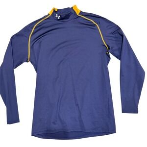 Under Armour ColdGear Shirt Mens XL Navy Blue Yellow Mock Neck Fitted Base Layer